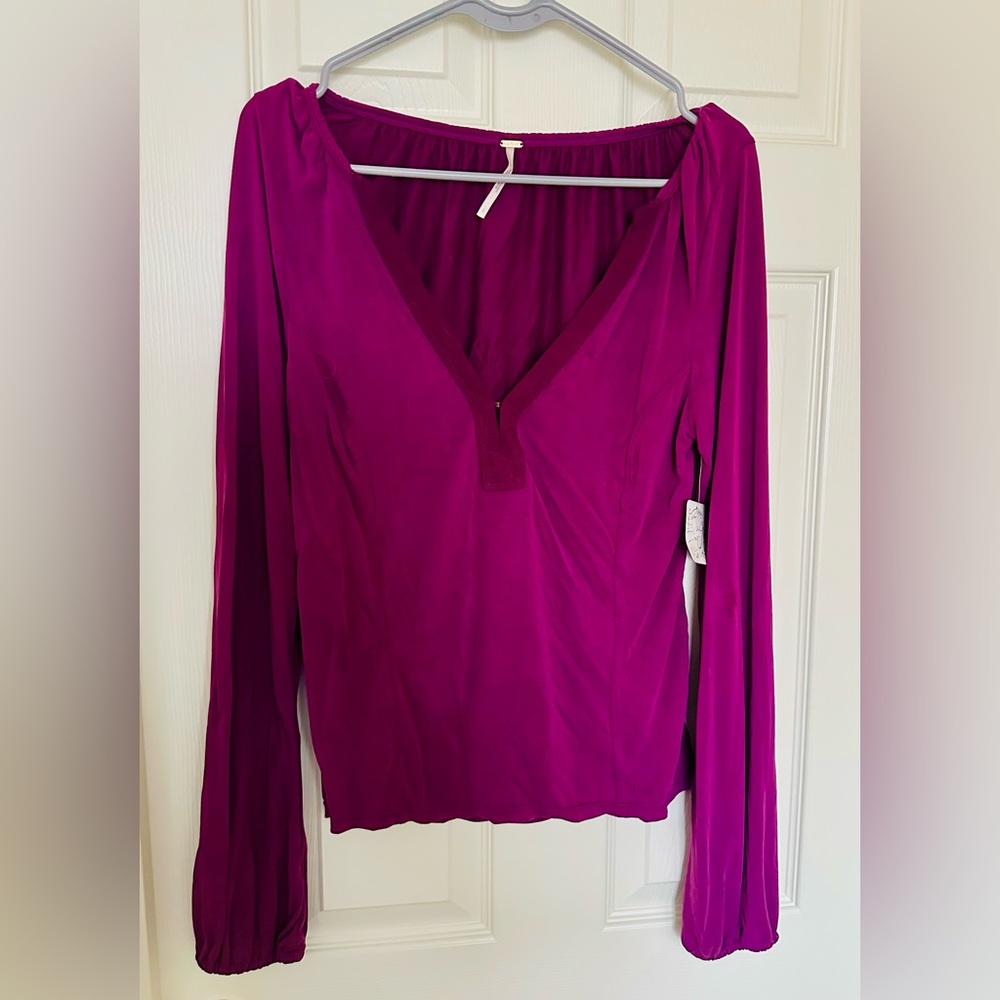NWT Free  People Raspberry deep v-neck long sleeve blouse , Size L